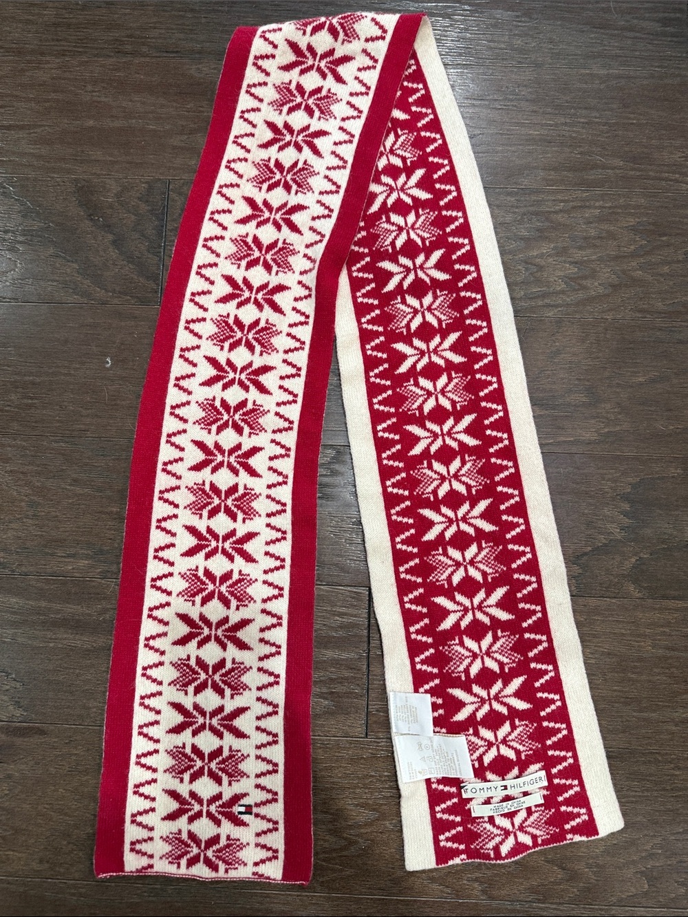 Tommy Hilfiger Winter Knit Scarf, Fair Isle Snowflake Pattern Red and White